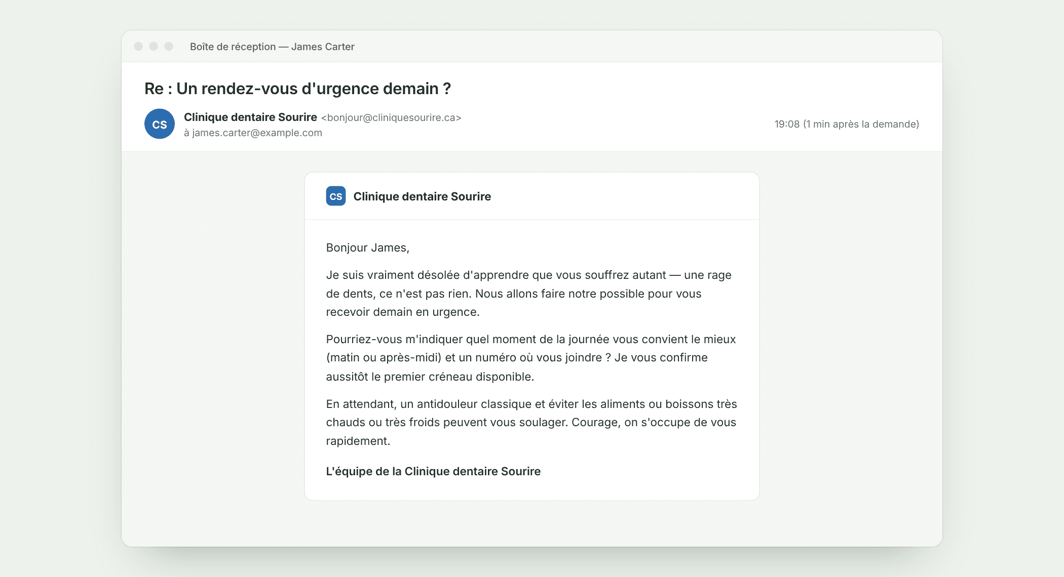 Exemple de message envoyé par le système : Répondre à chaque prospect en moins d'une minute