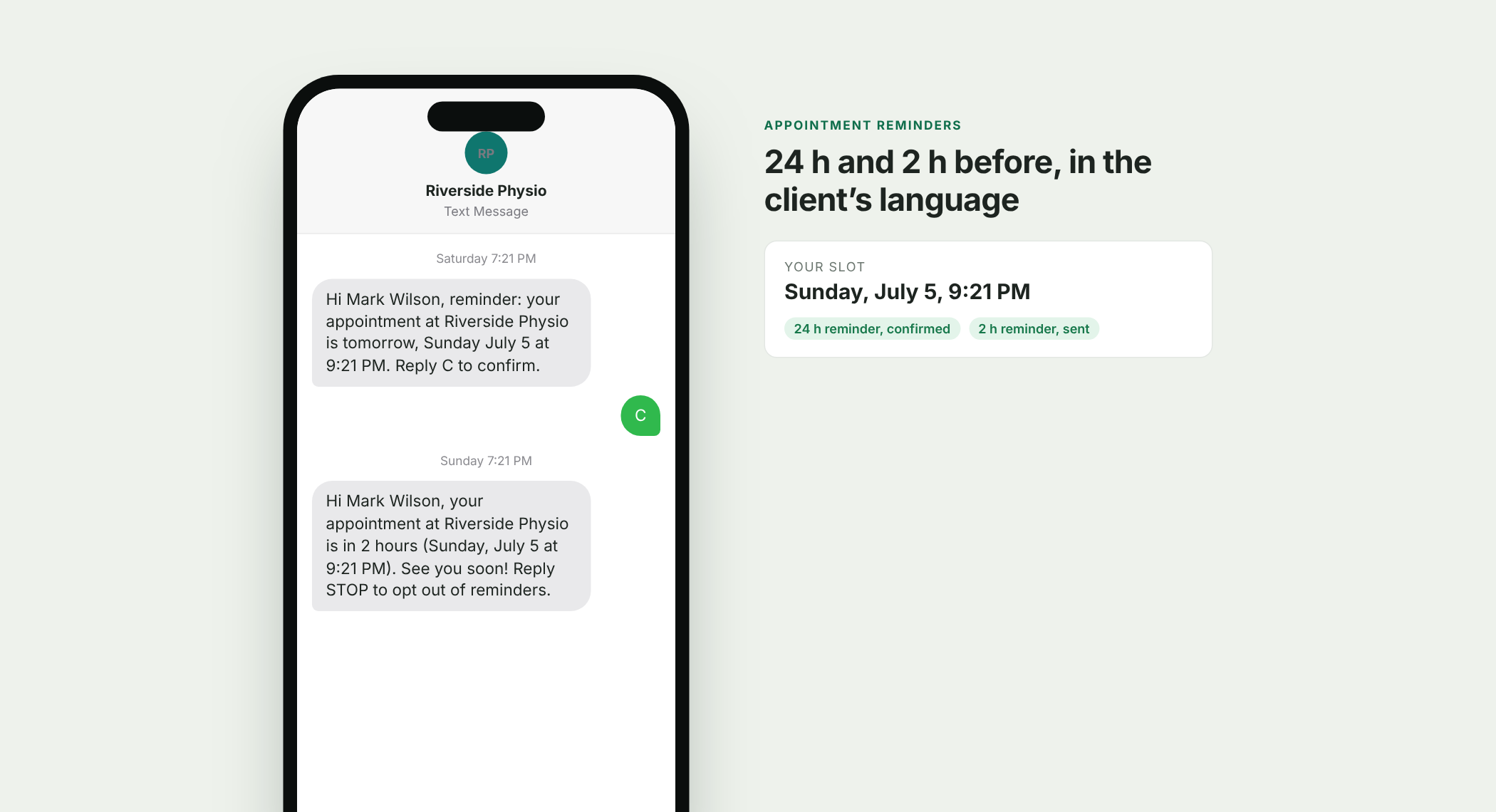 The reminder the client gets